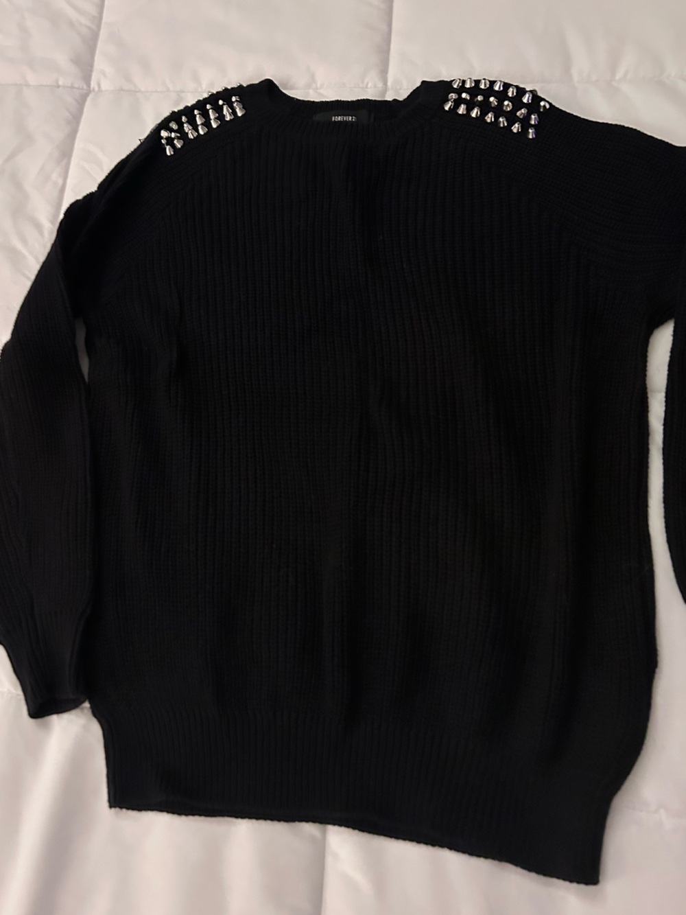 Forever 21 Women’s Black Ribbed Knit Sweater studded shoulder